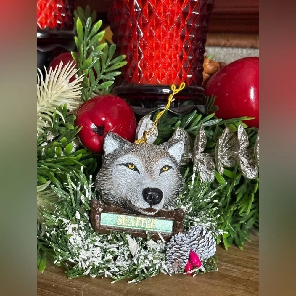 Wolf Christmas Ornament with Seattle Sign Made in USA Artisans